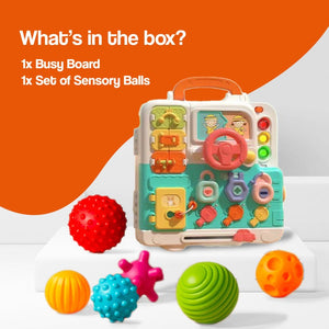 Busy Board Montessori educational toy for infants with sensory balls and interactive features for skill development