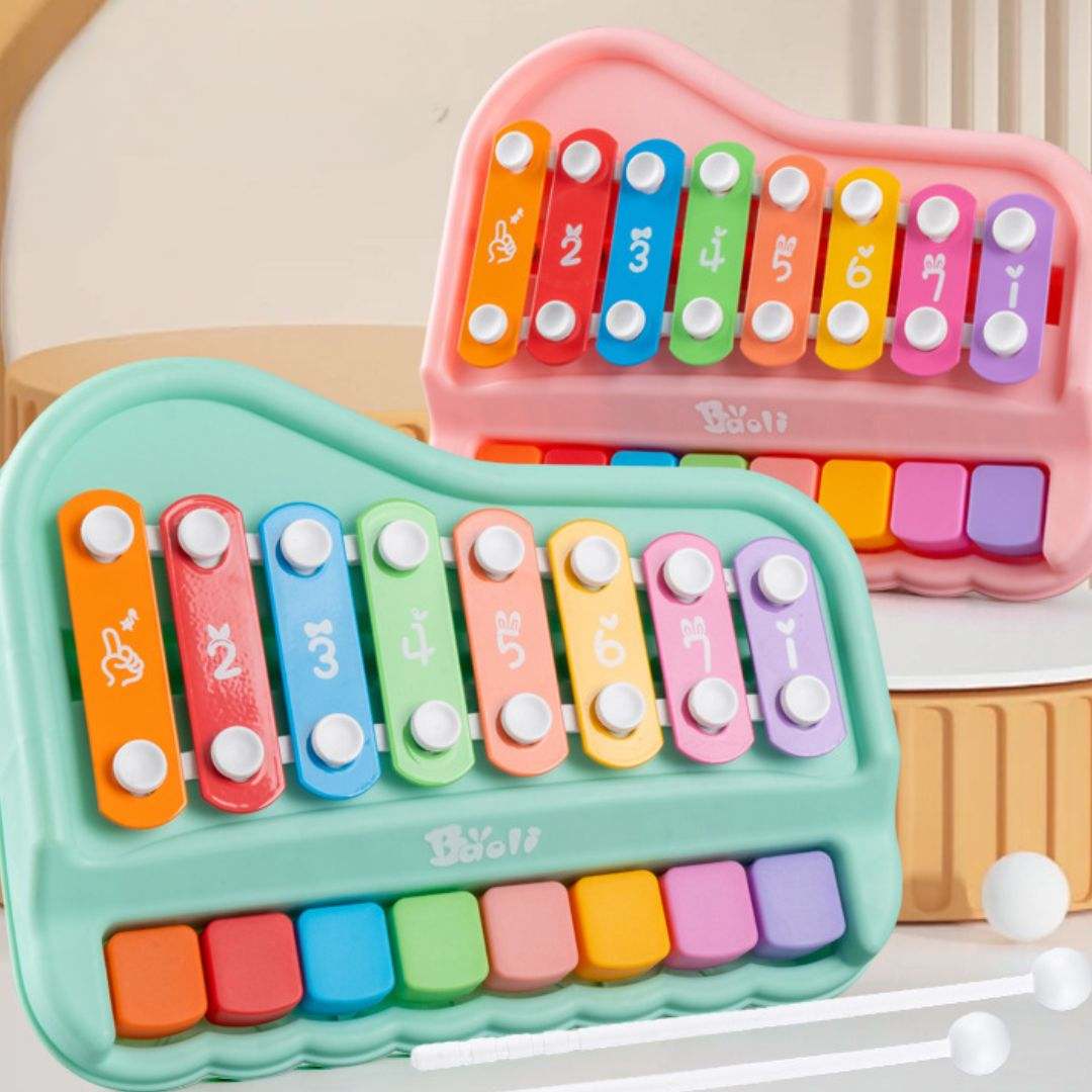 Colorful kids wooden eight-tone percussion xylophone educational toy with pastel keys and two mallets