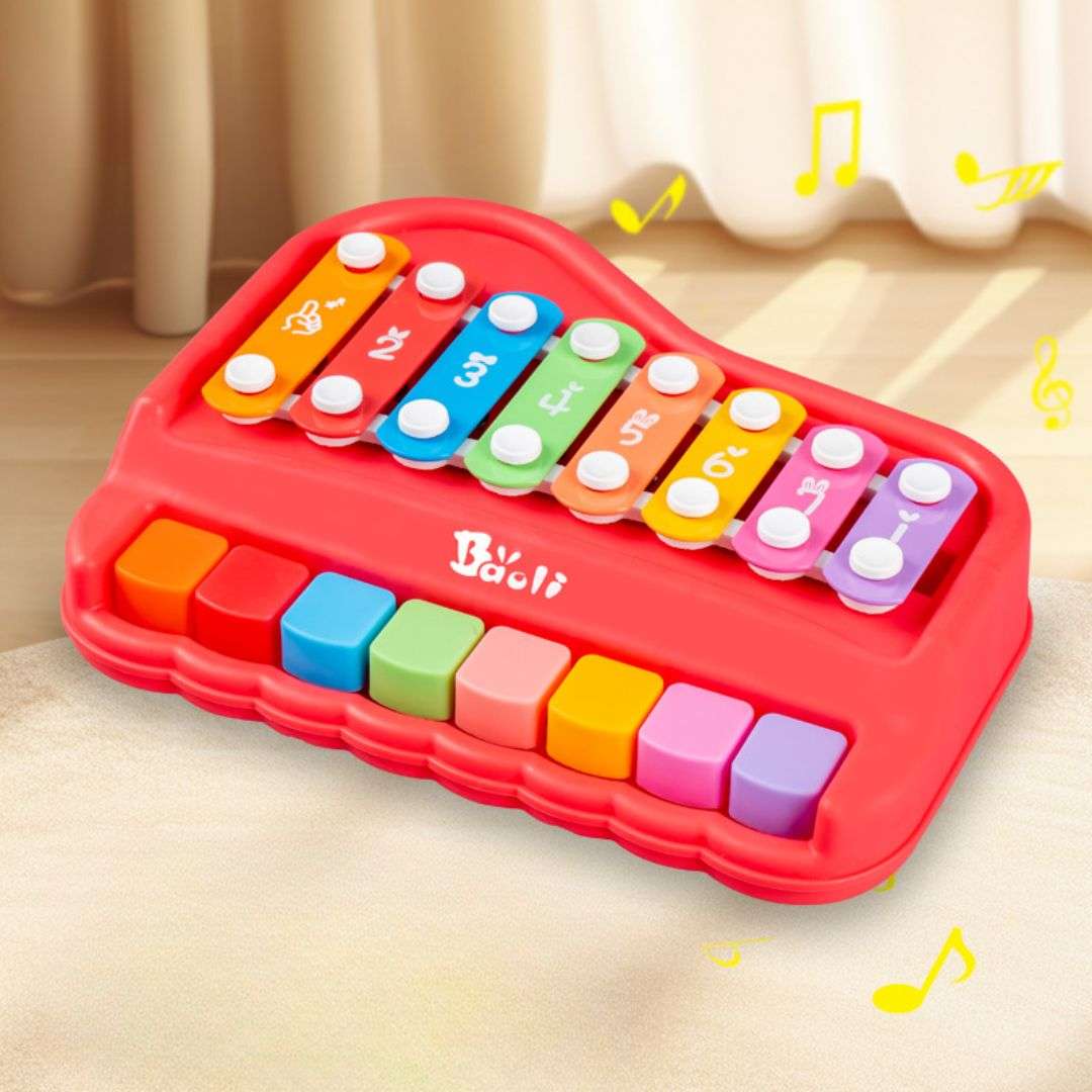 Colorful kids wooden eight-tone percussion xylophone educational toy with mallets on white background