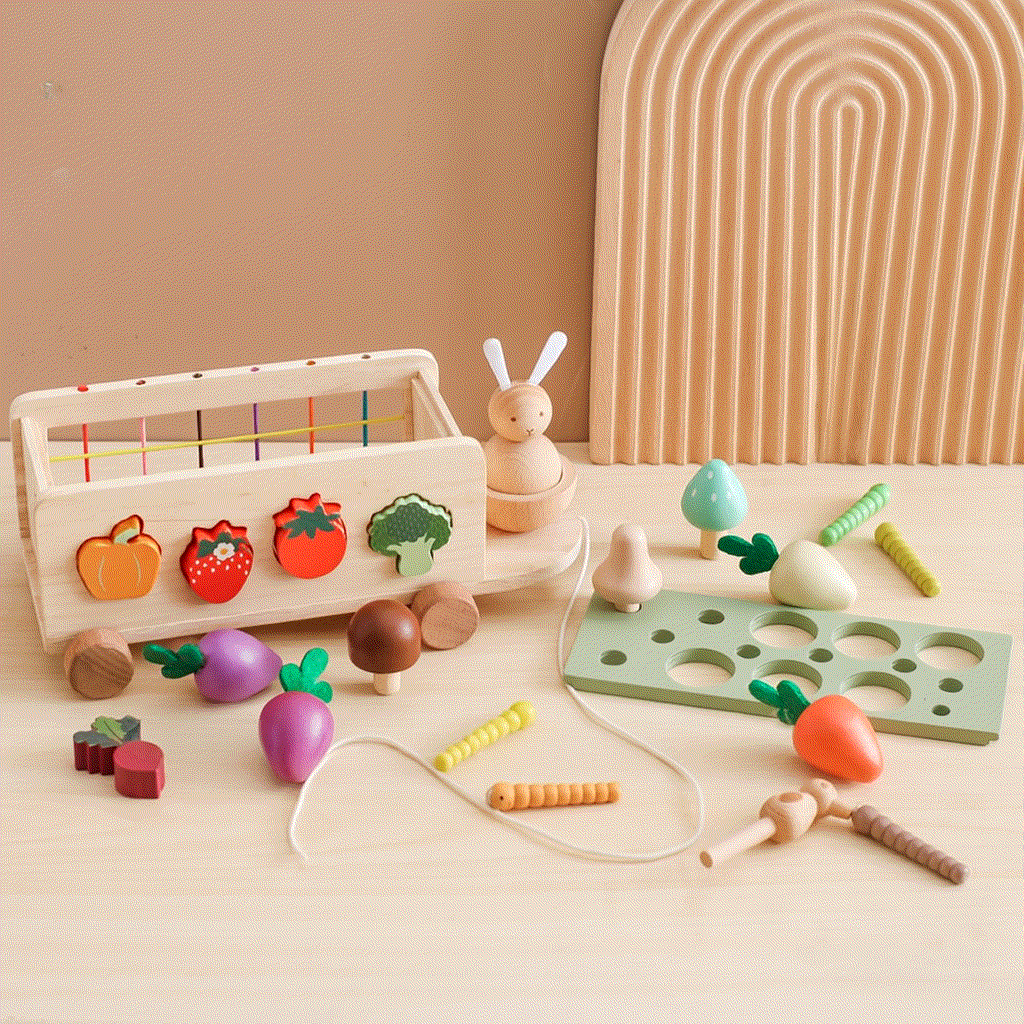 Wooden educational farm toy for toddlers with colorful vegetable shapes and a pull-along cart for interactive learning and motor skill development
