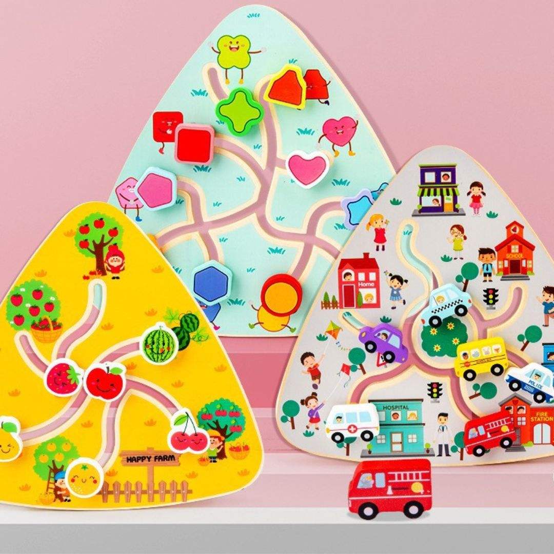 Wooden Fruit Number Shape Matching Game with colorful wooden maze boards for interactive early learning and motor skill development