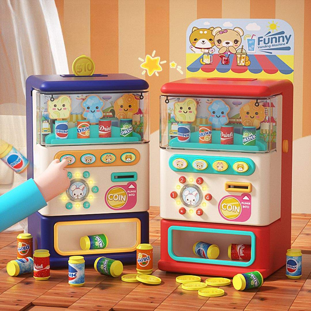 Children's music vending machine toy with colorful lights and candy cans, interactive play for ages 4-6