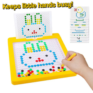 Child using colorful magnetic drawing board with pattern cards for creative bead placement and fine motor skill development
