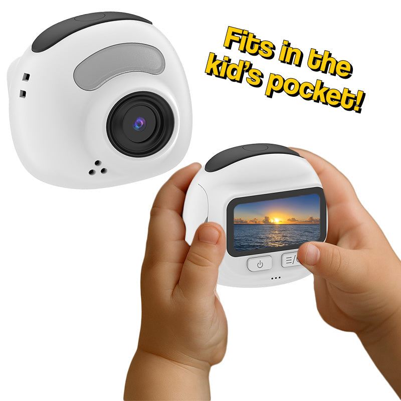 Compact PocketLens Explorer kids camera in white, fits in child's hand and pocket, captures HD photos and videos, designed for ages 6+