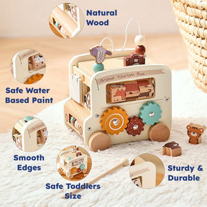 Wooden Montessori Busy Bus with natural wood, safe water-based paint, smooth edges, sturdy durable design, and toddler-friendly size