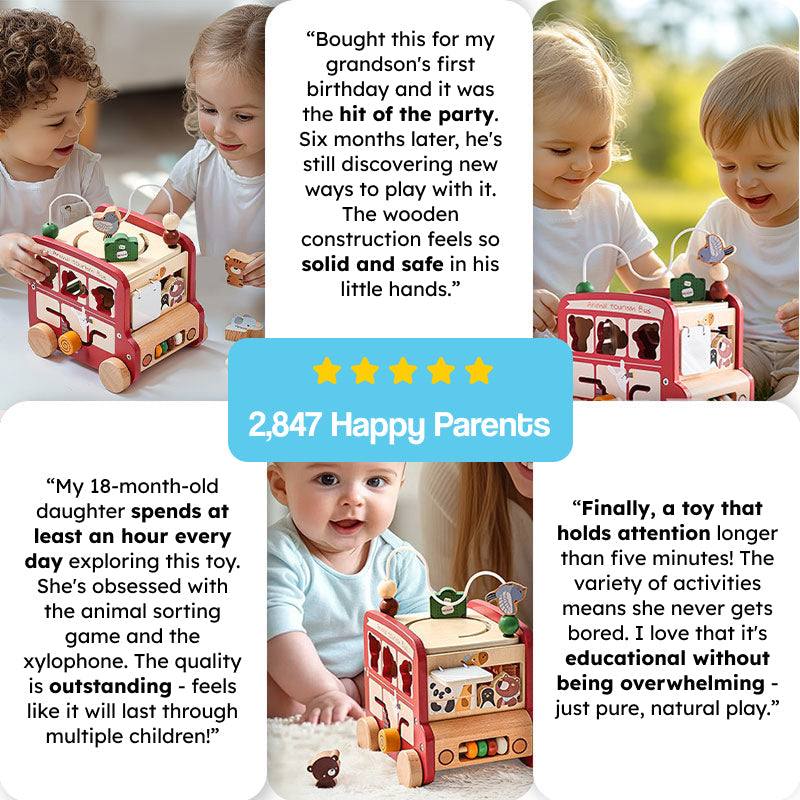 Wooden Montessori Busy Bus with 8 educational activities for toddlers and preschoolers, featuring natural beech wood and animal-themed design