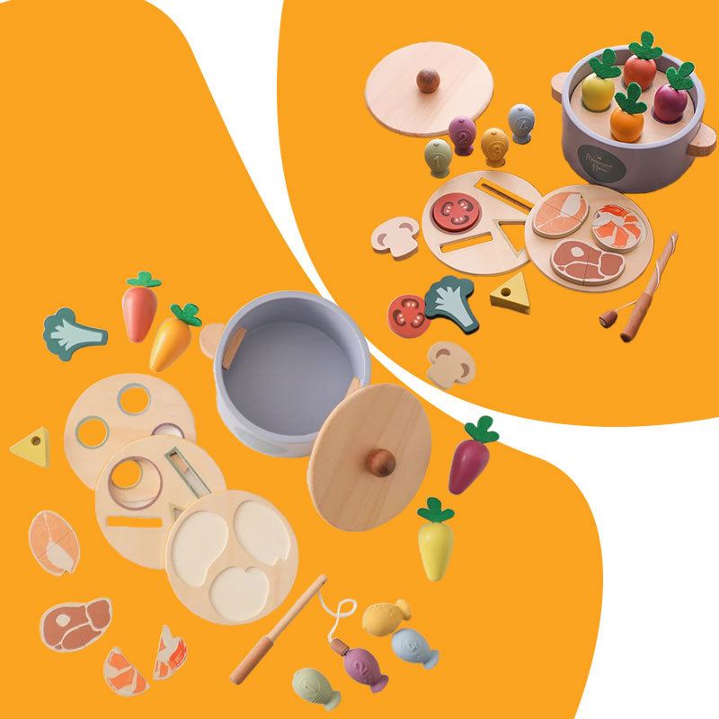 Little Chef Montessori wooden cooking set with veggies, proteins, utensils for pretend play and learning