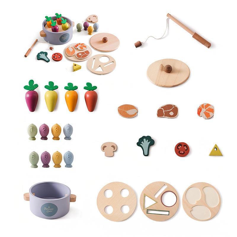Little Chef Montessori wooden healthy cooking set with veggies, proteins, utensils, and counting fish for kids ages 2-6