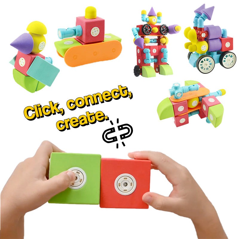 Soft Magnetic STEM Building Blocks for kids, colorful magnetic EVA foam blocks, safe and oversized pieces for creative building, bathtub and playroom friendly STEM toy.