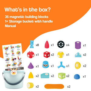 Soft magnetic STEM building blocks set with 36 colorful magnetic pieces and storage bucket for kids age 3+