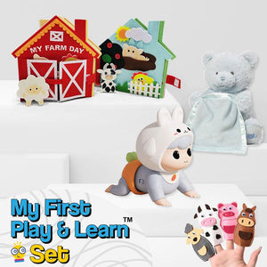 My First Play & Learn Set with plush bear, farm day book, rabbit toy, and finger puppets for toddlers' interactive learning and play
