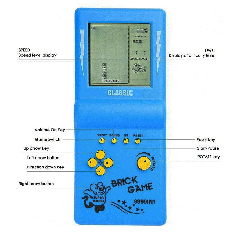 Blue 9999-in-1 retro game console with classic brick game display and control buttons