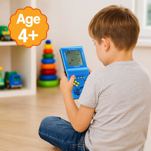 Child playing with 9999-in-1 retro game console featuring monochrome LCD and classic brick games for ages 4+