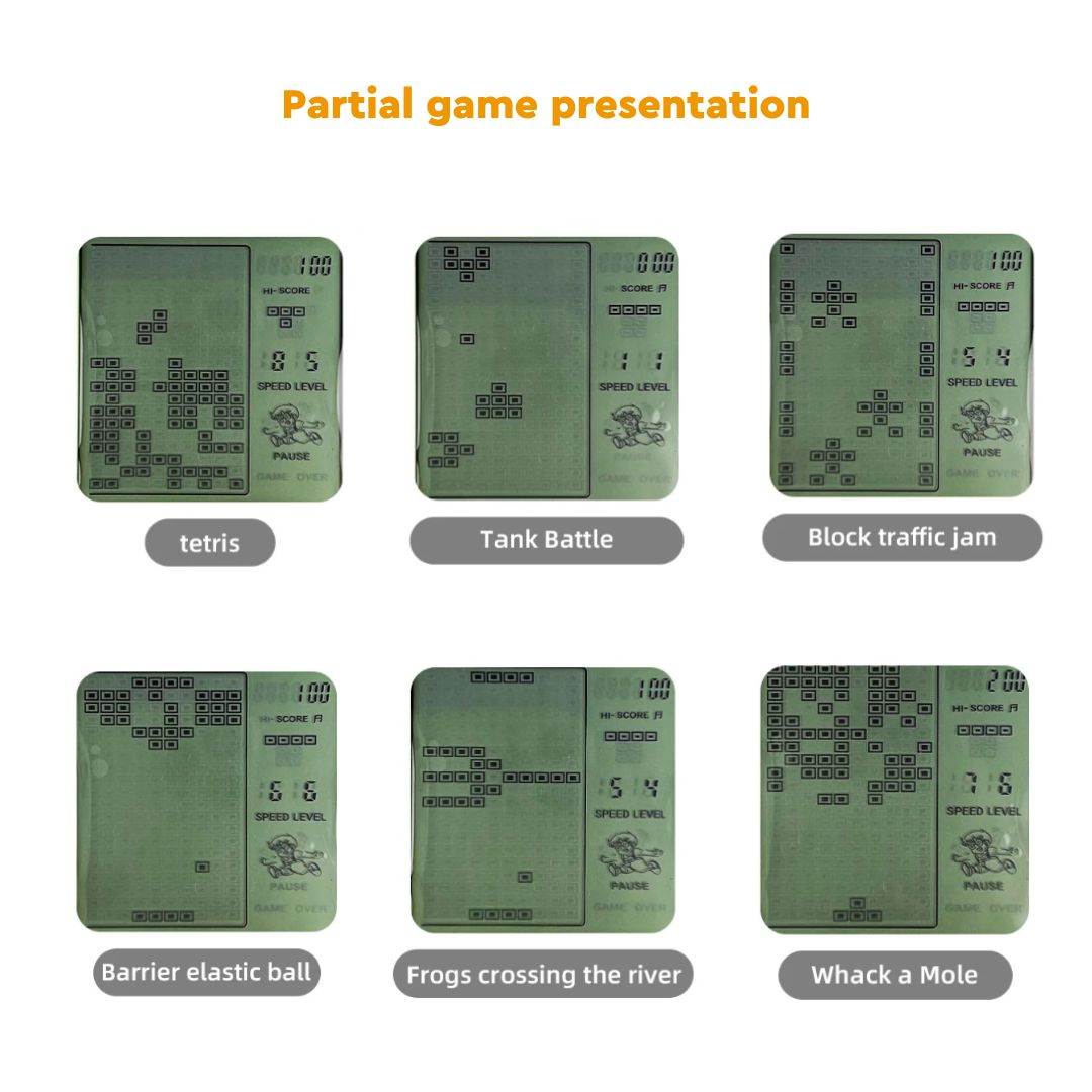 9999-in-1 retro game console monochrome LCD showing classic games like Tetris, Tank Battle, Block Traffic Jam, and Whack a Mole