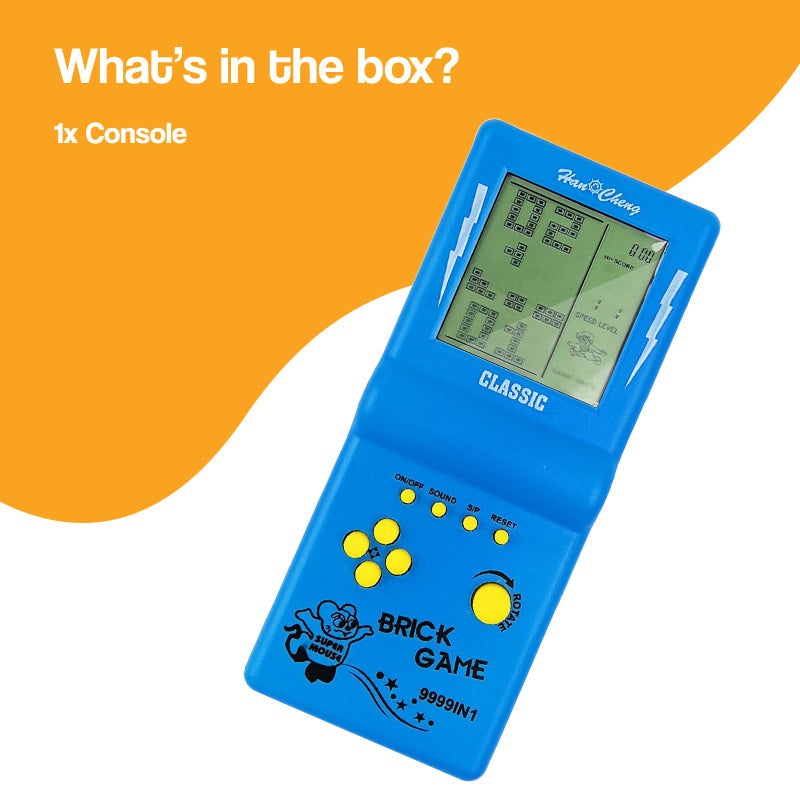 Blue 9999-in-1 retro game console with monochrome LCD screen and classic brick game design