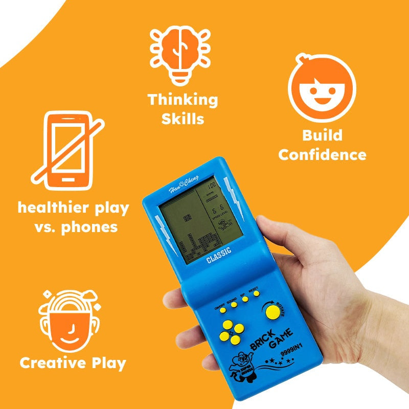 Blue 9999-in-1 retro game console handheld with classic brick game screen and control buttons