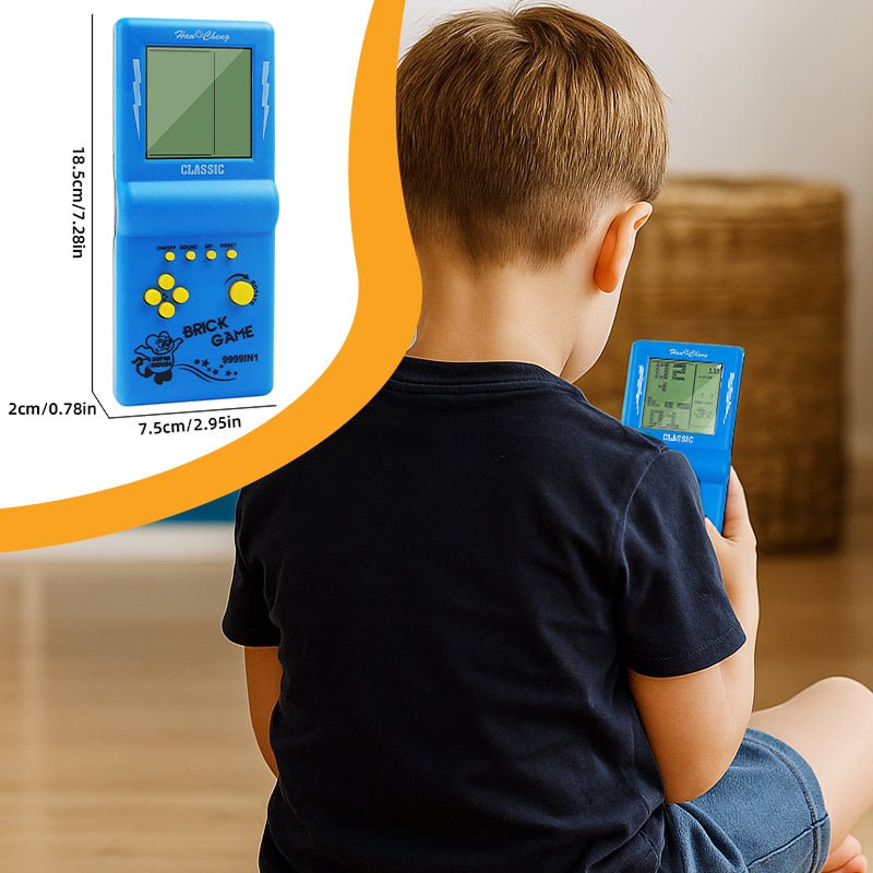 9999-in-1 retro game console handheld brick game with monochrome LCD screen played by child