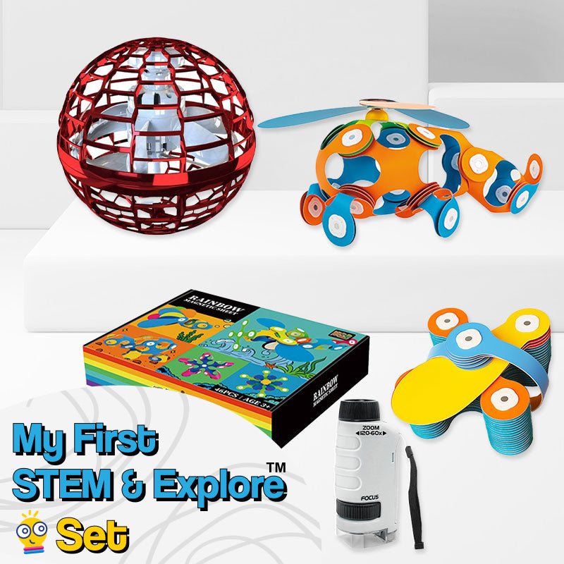 My First STEM & Explore Set with 3D pen, brain-teaser puzzle, camera, and building blocks for kids 6 to 9 years old.