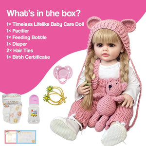 Real-Feel Baby Doll with blonde hair, pink outfit, teddy bear, pacifier, bottle, diaper, hair ties, and birth certificate set