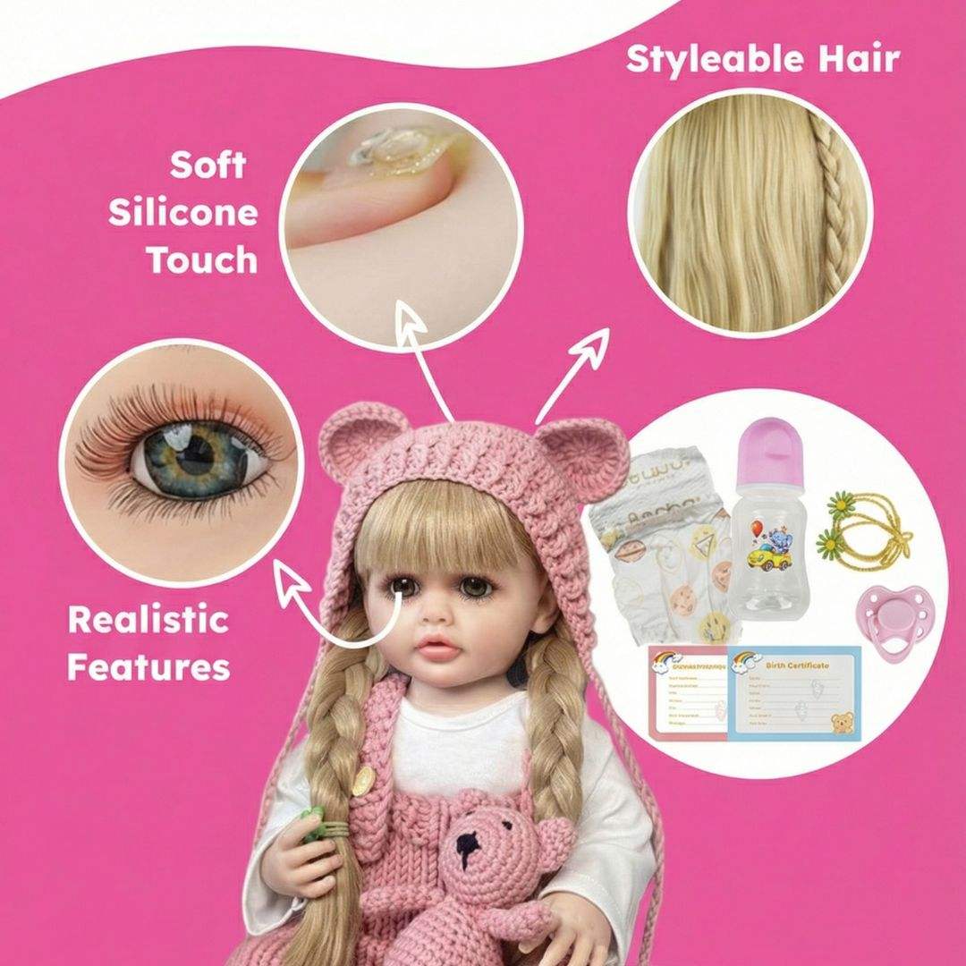 Real-Feel Baby Doll with lifelike features, soft silicone skin, styleable hair, and full care accessories on pink background