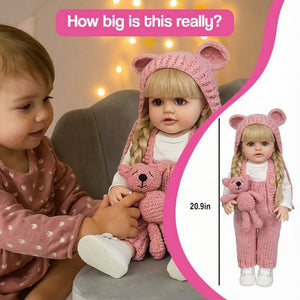 Real-Feel Baby Doll with lifelike features, 20.9-inch silicone baby doll, soft skin, and pink knitted outfit with bear hat and teddy bear accessory