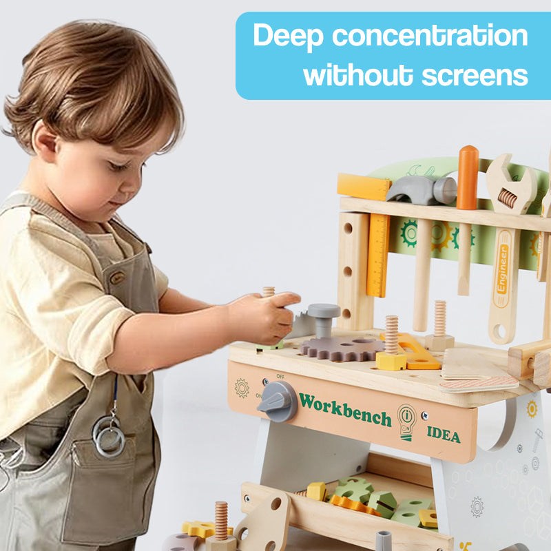 Toddler playing with Daddy's Buddy STEM Wooden Workbench, screen-free educational wooden toy with tools and gears.