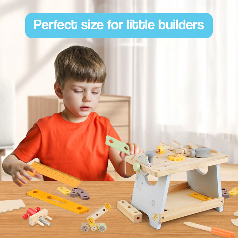 Child playing with Daddy's Buddy STEM Wooden Workbench, a compact wooden toy workbench with tools and gears for ages 3+