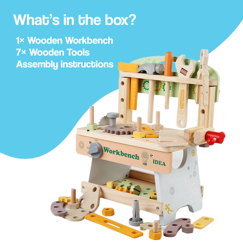 Daddy's Buddy STEM Wooden Workbench with tools for kids' hands-on building and learning.