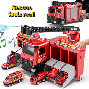 Mega Rescue Water Spray Truck with lights, sounds, 12 die-cast cars, and real water spray for interactive rescue play.