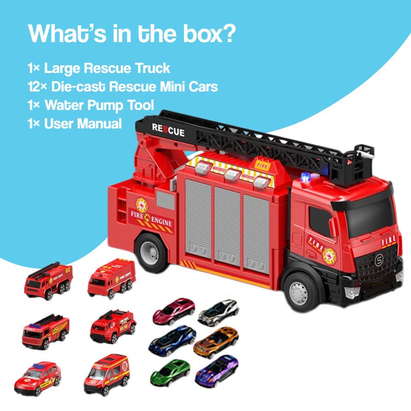 Mega Rescue Water Spray Truck playset with large fire truck, 12 die-cast mini cars, and water pump tool for interactive rescue fun
