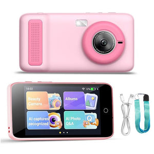 Pink ChatGPT powered smartphone for kids with dual camera, AI learning features, touchscreen, USB cable, and neck lanyard.