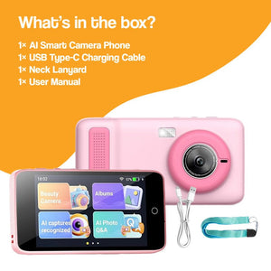 ChatGPT powered smartphone for kids with AI smart camera, interactive learning, USB charging cable, neck lanyard, and user manual.