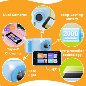 ChatGPT powered smartphone for kids with dual cameras, AI learning, eye-protection screen, long-lasting battery, and Type-C charging.