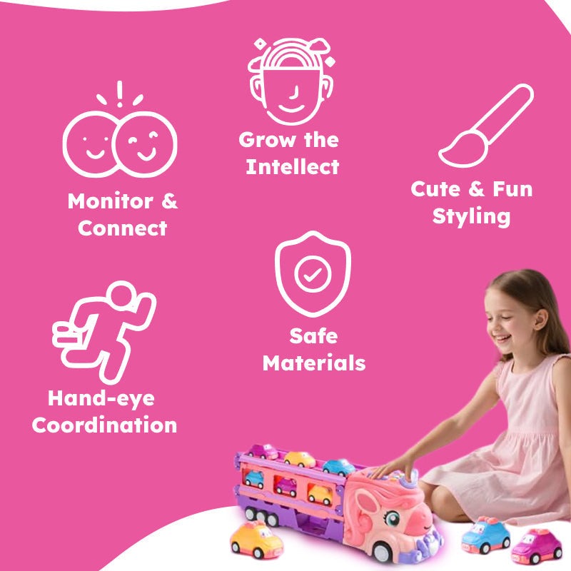 Unicorn Express dual racing truck toy with 8 colorful mini cars for kids ages 3+ playing and learning on a pink background