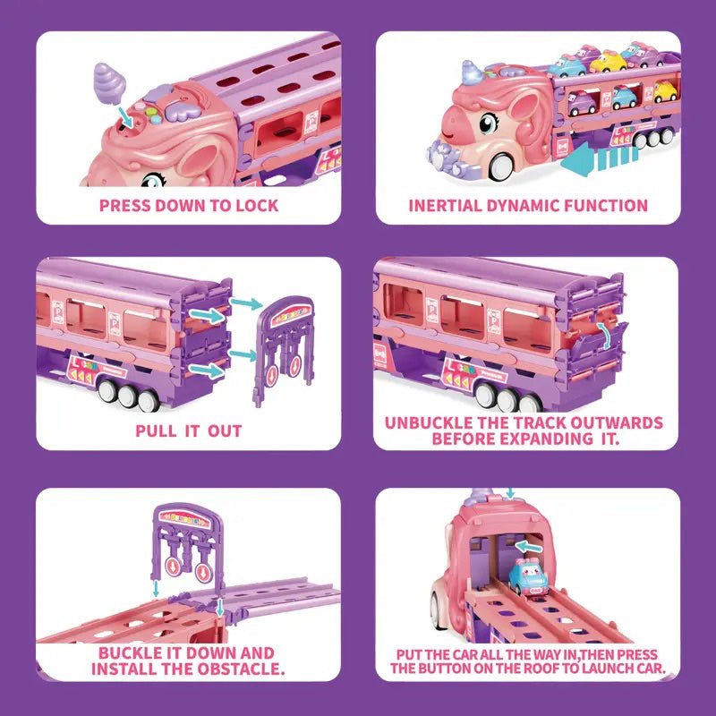 Unicorn Express dual racing truck toy with transforming track and colorful mini cars for kids ages 3+