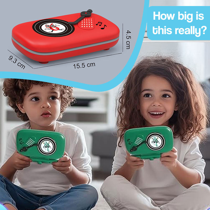 Kids playing with MusiQ Rhythm Master portable 7-in-1 piano game console for rhythm and memory training