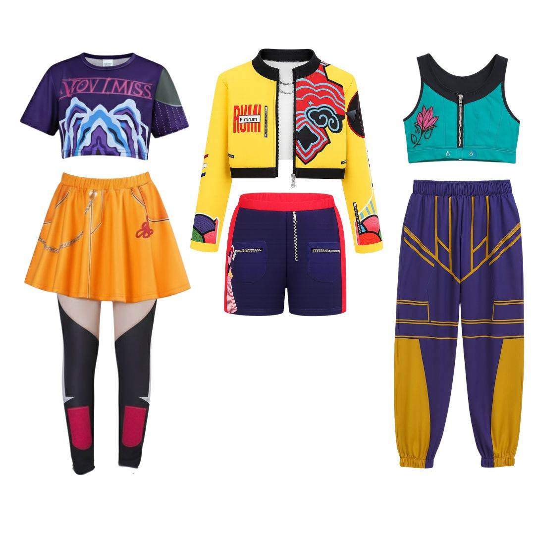Kids wearing vibrant warrior squad Halloween costumes with geometric patterns and combat-ready designs