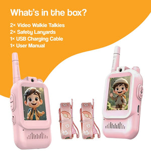 Pink Face-to-Face Video Walkie Talkie Set for kids with screens, safety lanyards, USB charging cable, and instant video communication without WiFi.