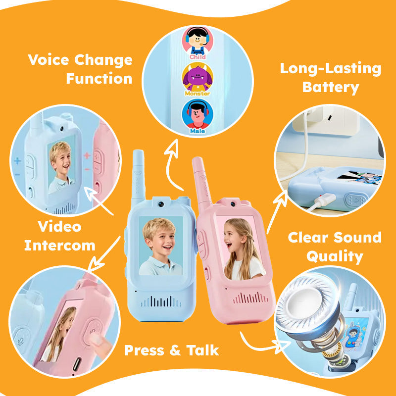 Face-to-Face Video Walkie Talkie set for kids with video intercom, voice change function, clear sound, and long-lasting battery in blue and pink colors