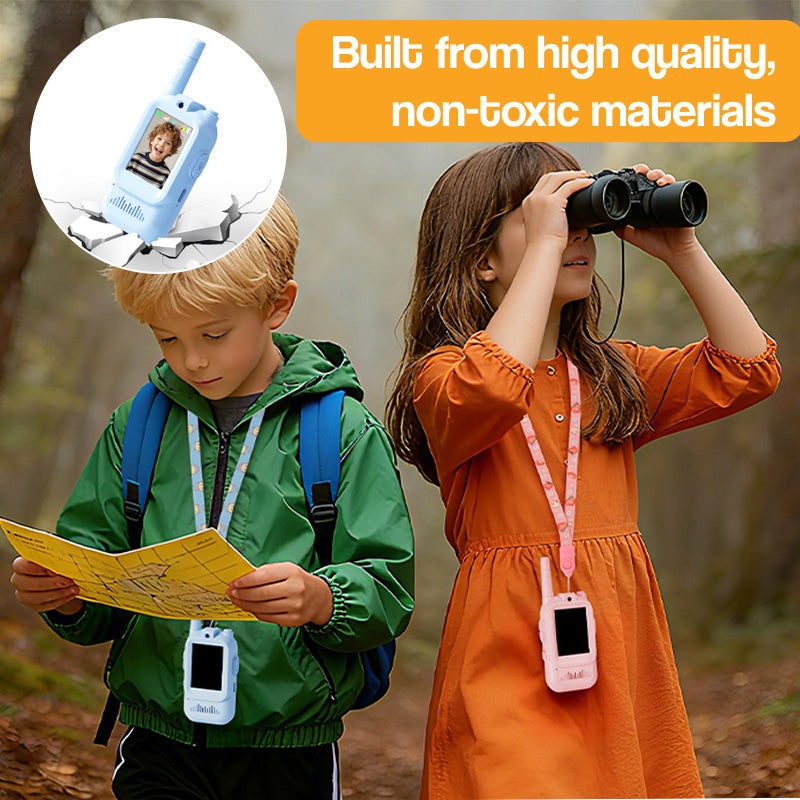 Children using Face-to-Face Video Walkie Talkies with safety lanyards on outdoor adventure, non-toxic materials shown in inset