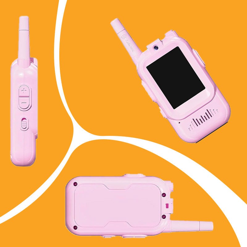 Pink Face-to-Face Video Walkie Talkie for kids with screen, buttons, and antenna on orange background