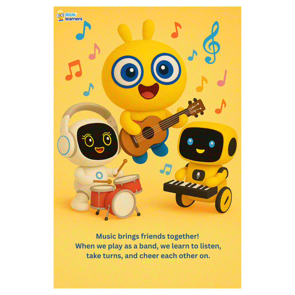 Boolby's Big Music Secret ebook cover with colorful animated characters playing musical instruments and smiling on a yellow background