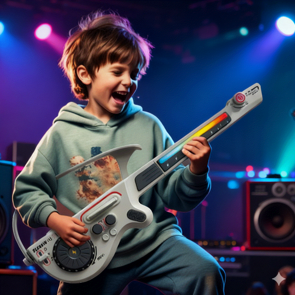 Child playing with a multifunctional Bluetooth DJ guitar featuring colorful lights and interactive buttons in a vibrant music studio setting