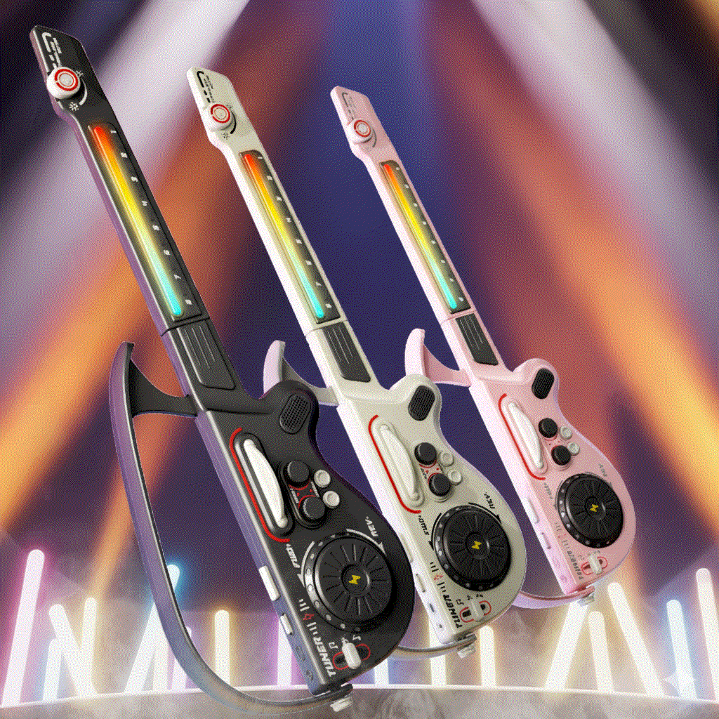 Multifunctional Bluetooth DJ Guitar for kids with colorful LED lights, stringless design, and interactive controls in black, white, and pink colors.