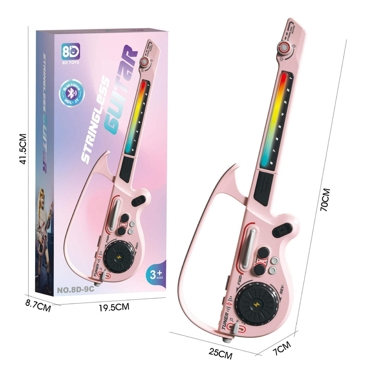 Multifunctional Bluetooth DJ Guitar for kids with stringless design, colorful LED lights, and portable foldable ABS body