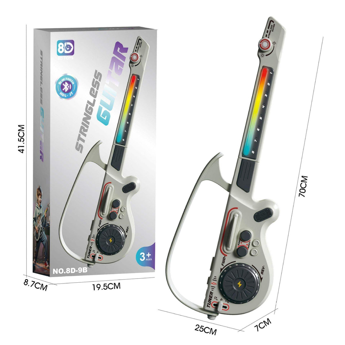 Multifunctional Bluetooth DJ Guitar for kids with stringless design, colorful lights, and portable foldable ABS body.