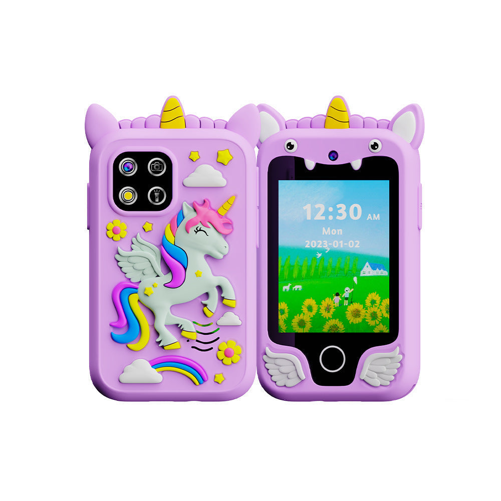Kids mobile phone with touch screen, games, and unicorn silicone case.