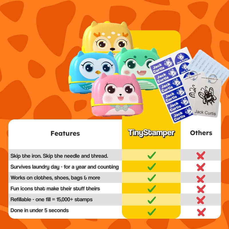 TinyStamper customized name stamp with waterproof ink for labeling kids' belongings