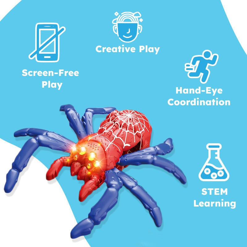 2-in-1 Climbing and Crawling RC Spider with remote control and light-up eyes on a wall