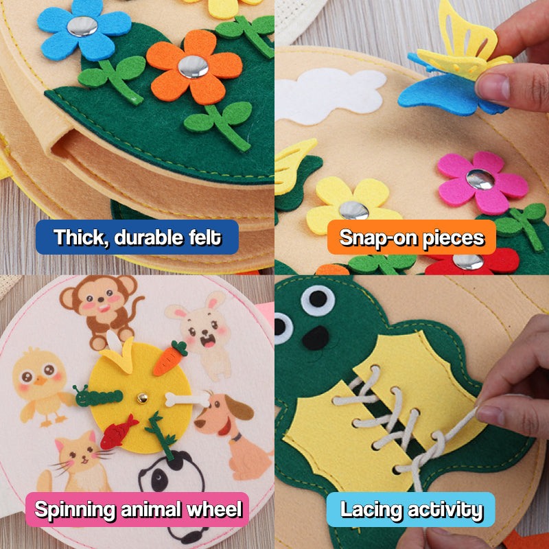 Montessori Felt Activity Book with 8 interactive felt pages for toddlers ages 1-4, screen-free and portable learning toy